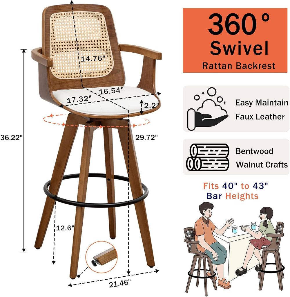 Mid Century Modern Bar Stools, Rattan Swivel Bar Stools with Curved Back