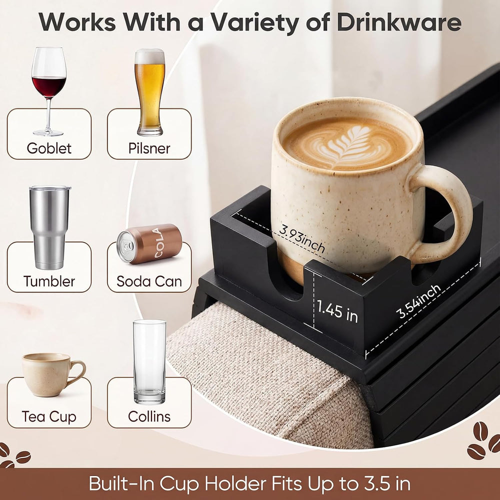Bamboo Couch Arm Tray Table with Built-in Cup Holder, Foldable Anti-Slip Sofa...