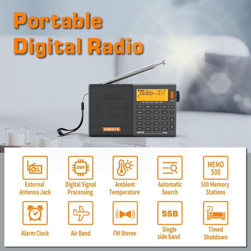 XHDATA D808 Portable AM FM SW LW Air Band Radio SSB RDS Multi Band Radio Spea...