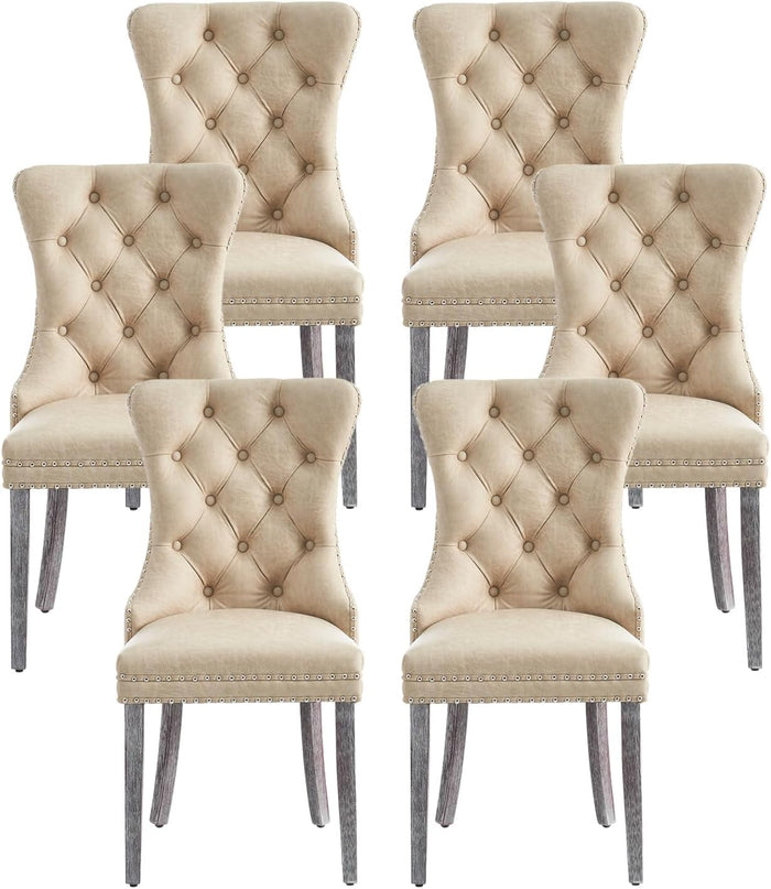 Leather Dining Chairs, Upholstered Dining Room Chairs, Beige, Set of 6