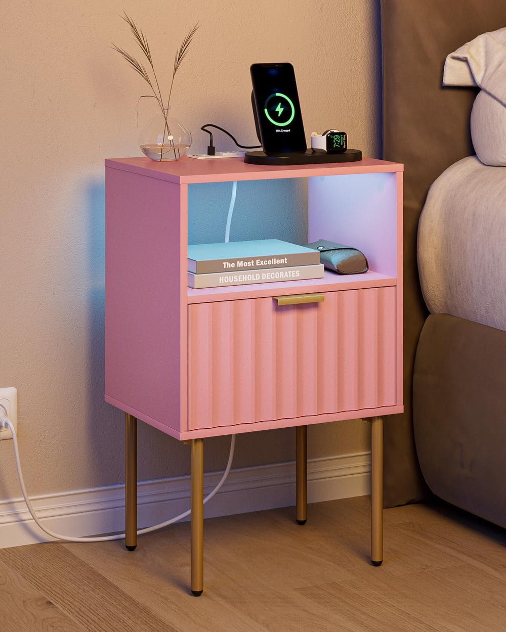 Nightstand with Charging Station and LED Lights, Modern Pink Bedside Table wi...