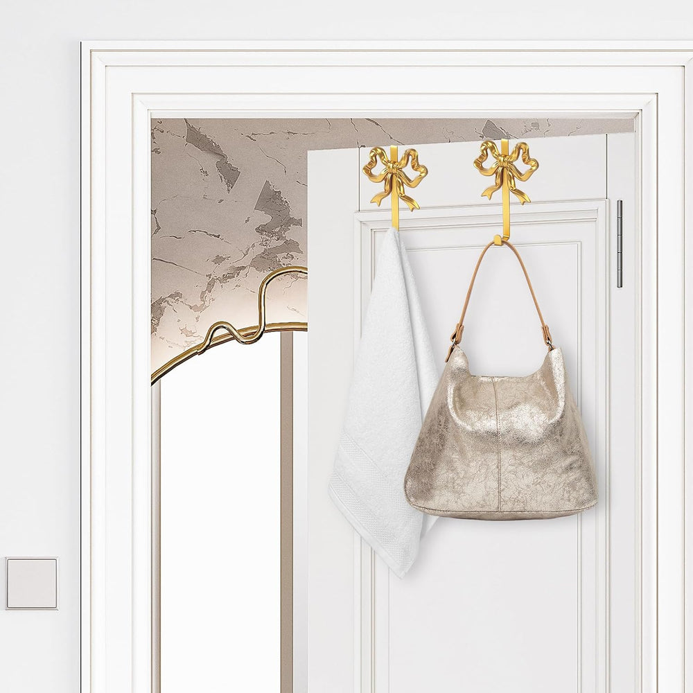 JarThenaAMCS 2Pcs Gold Bow Over The Door Hooks Metal Door Hanger Hook Coquett...