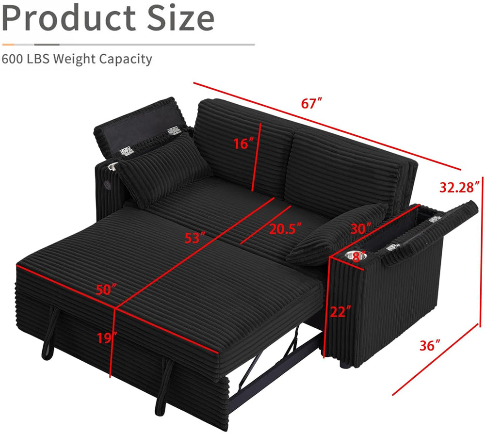 Convertible Corduroy Sofa Bed with USB Charging Port & Cup Holders, 68.11...