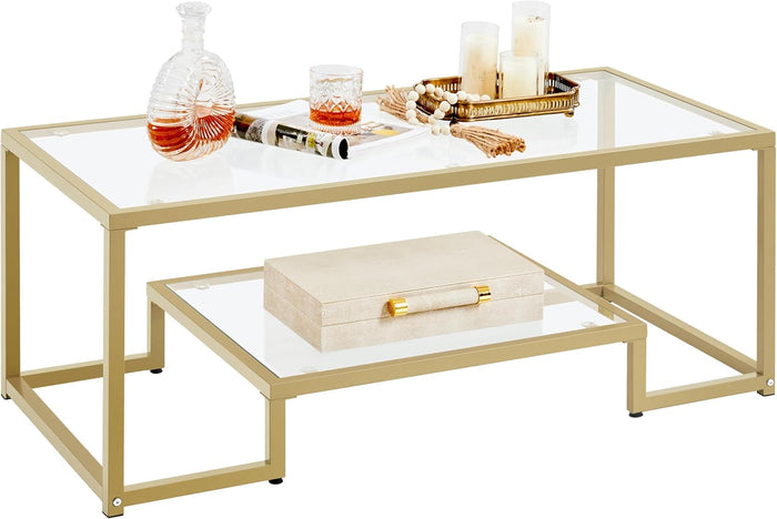 Yaheetech 42" Small Gold Coffee Table for Living Room, 2-Tier Glass Shelf