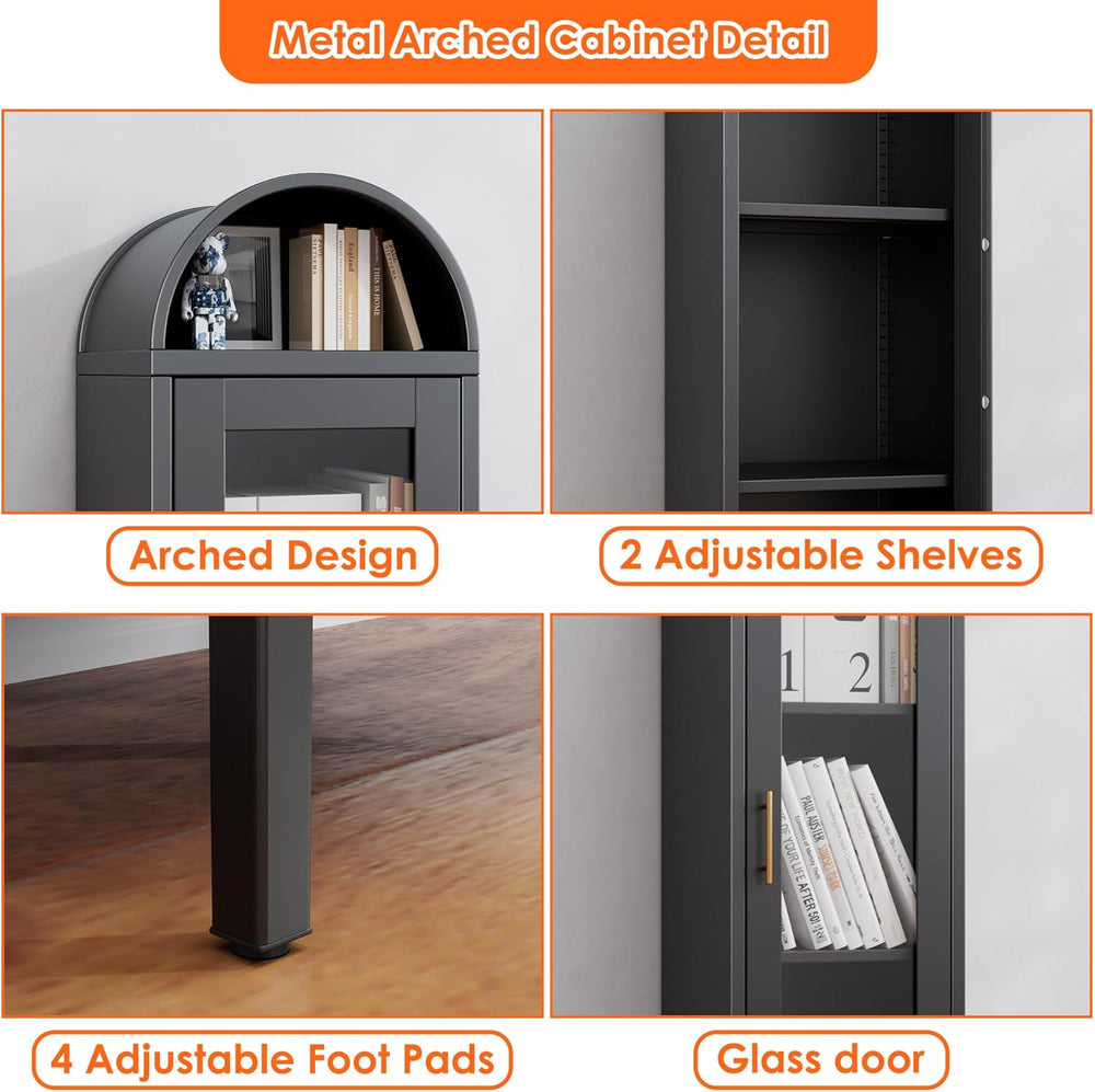 63" H Metal Arched Display Cabinet with 2 Adjustable Shelves, Arch Bookc...