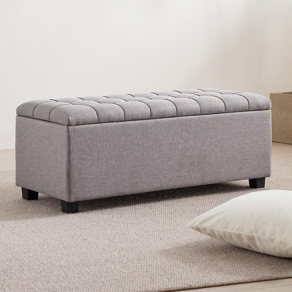 38-inch Grey Fabric Storage Ottoman Bench with Hinged Lid - Long End of Bed B...