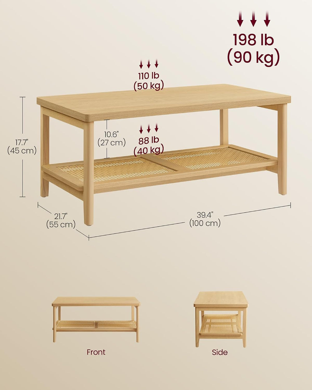 VASAGLE 2-Tier Coffee Table for Living Room, with PVC Rattan Storage Shelf