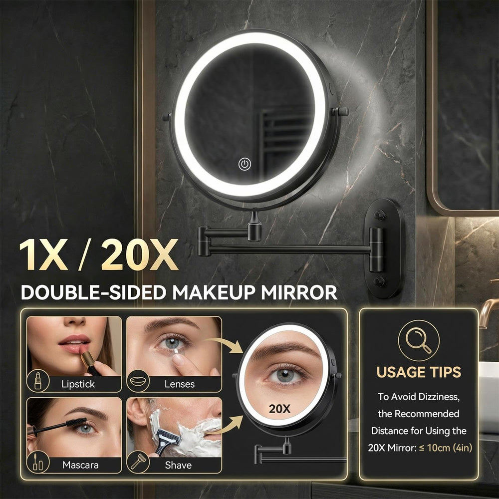 Auxmir 1X/20X Wall Mounted Makeup Mirror, 8" Rechargeable Magnifying Mirror