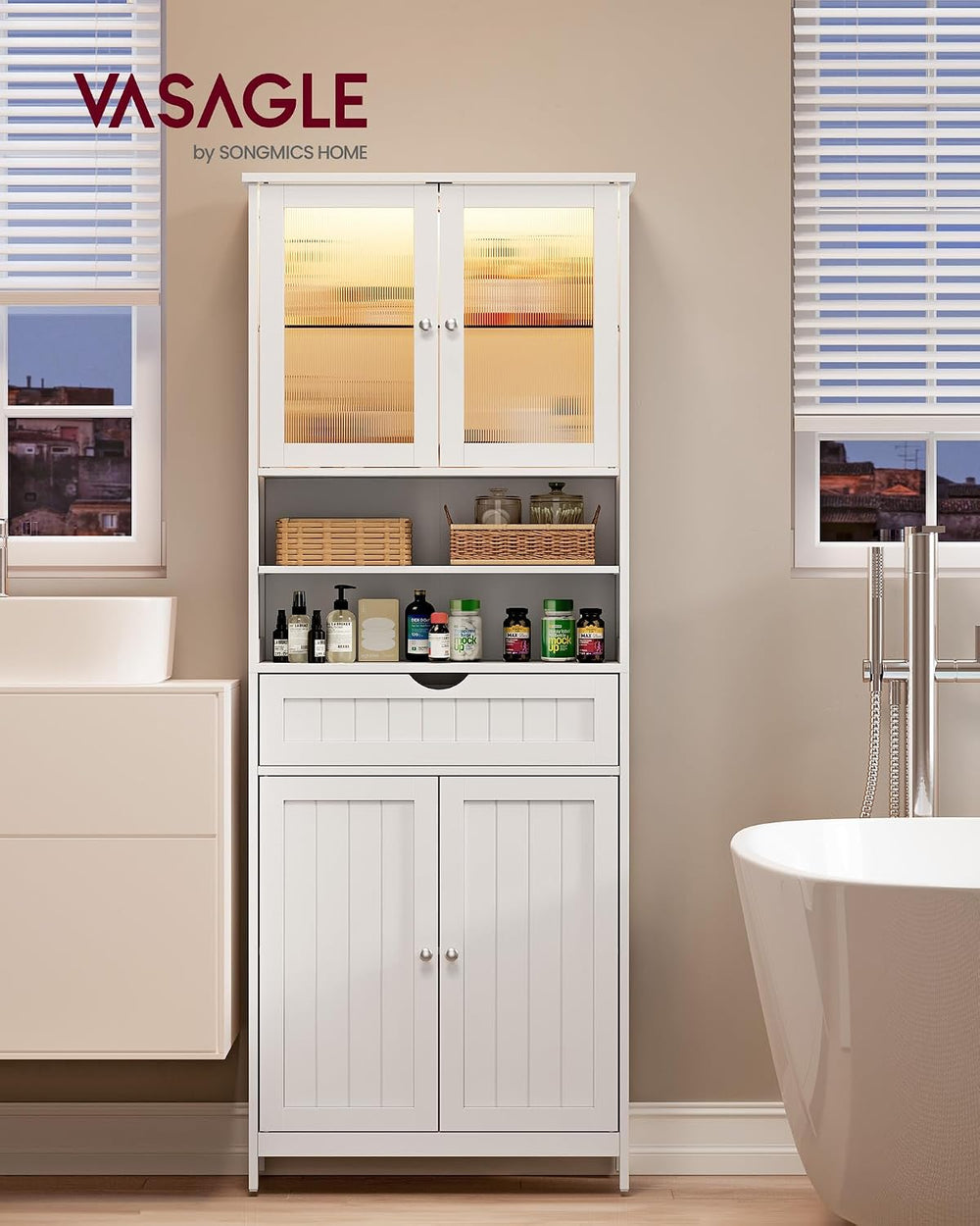 VASAGLE Storage Cabinet with LED Lights, Freestanding Storage Unit with Adjus...