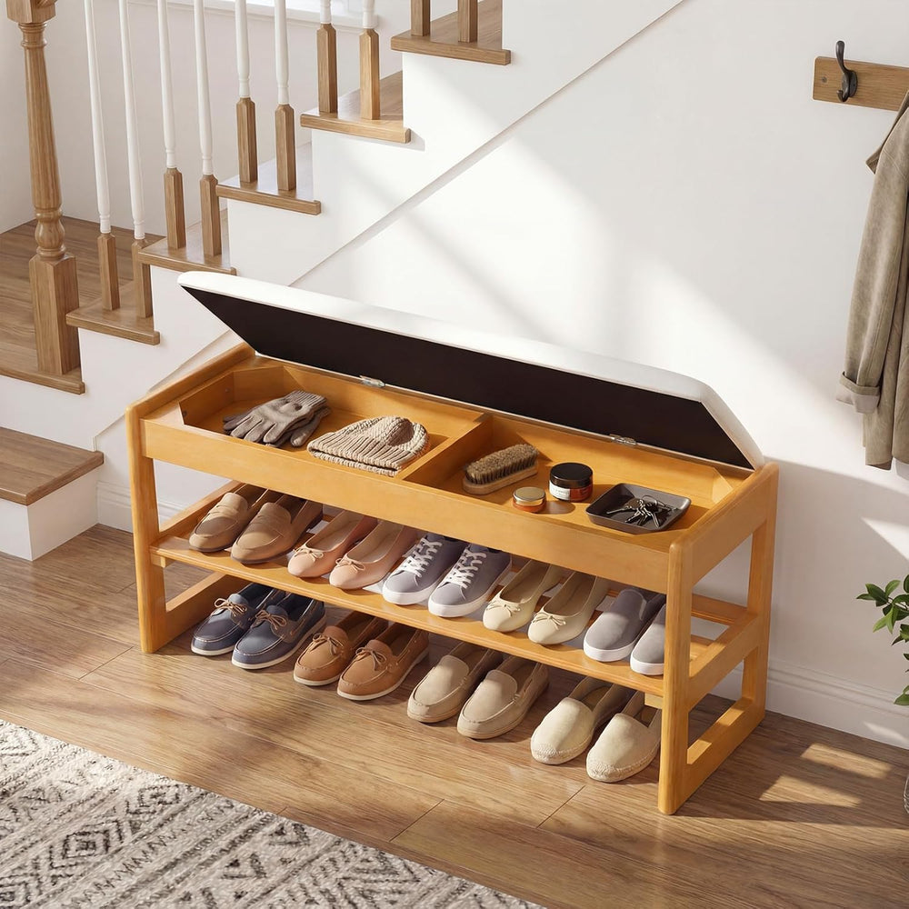 Giantex Shoe Rack Bench with Storage, Rubberwood Entryway Bench with Linen Se...