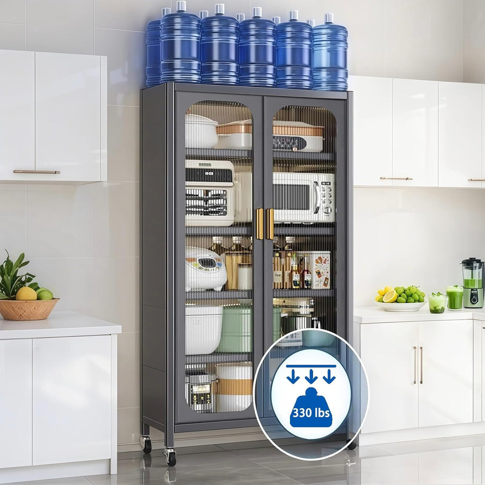Kitchen Pantry Storage Cabinet, Gray 6 Tier Metal Display Cabinet with Transp...