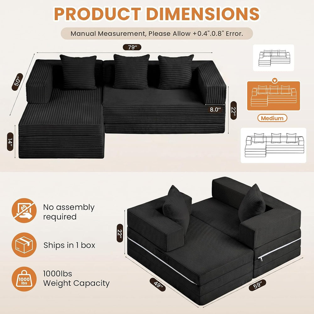 79" Modular Sectional Sofa, Convertible Sleeper Sofa Bed, Modern Tri-Fol...