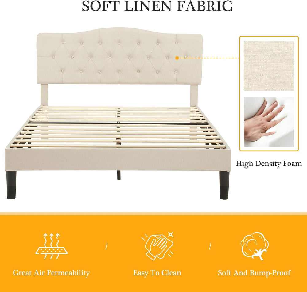 VECELO Queen Size Platform Bed Frame with Fabric Upholstered Headboard and Wo...