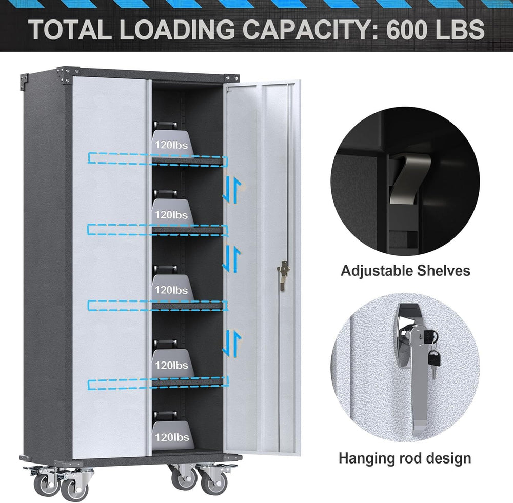 Rolling Garage Storage Cabinet with Locking Door and Shelves, 71''H L...