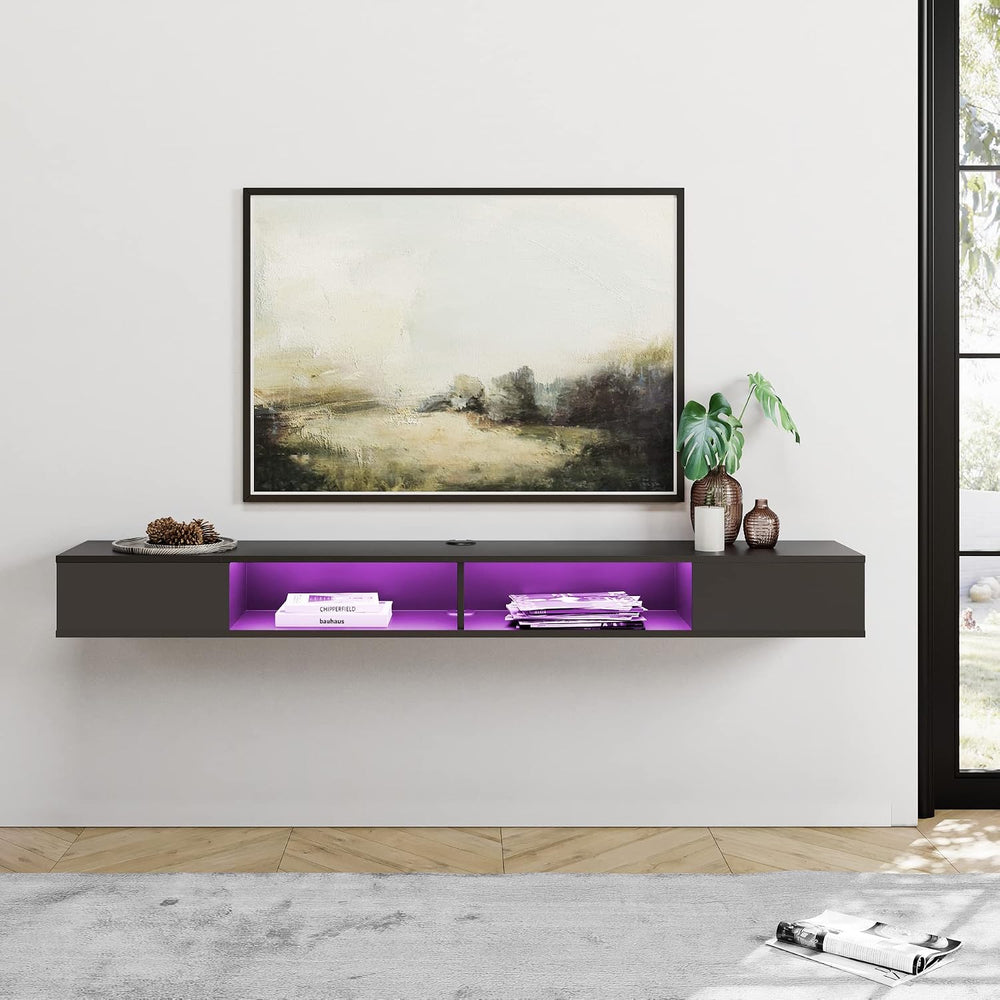 WAMPAT Floating Entertainment Center for 80 Inch TV, Black | Wall Mounted wit...