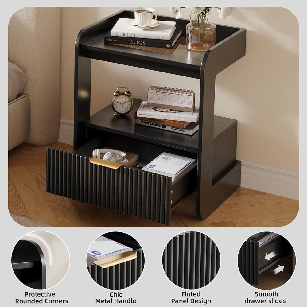 Nightstands Set of 2, Fluted Bedside Tables with Amber Glass Top | Hidden Dra...