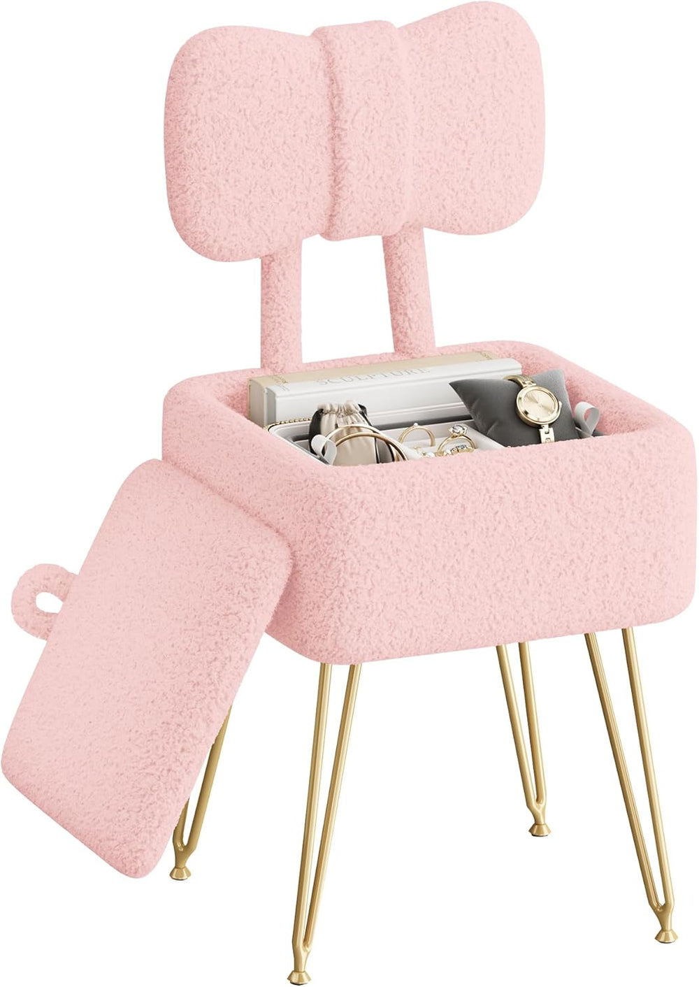 Small Vanity Stool Chair with Storage and Foldable Back, Pink | Soft Storage ...