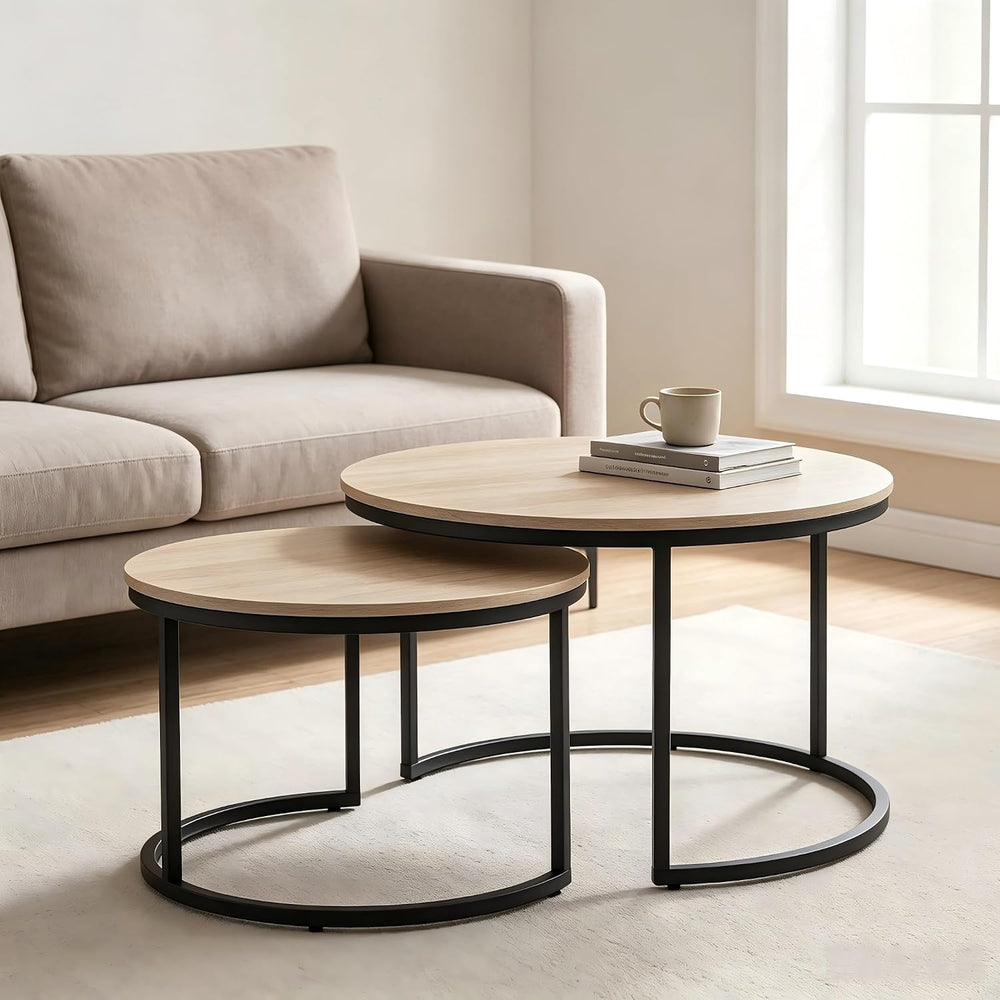 31.5 Inch Round Nesting Coffee Tables Set of 2, Oak‑Tone Stackable Side Table...