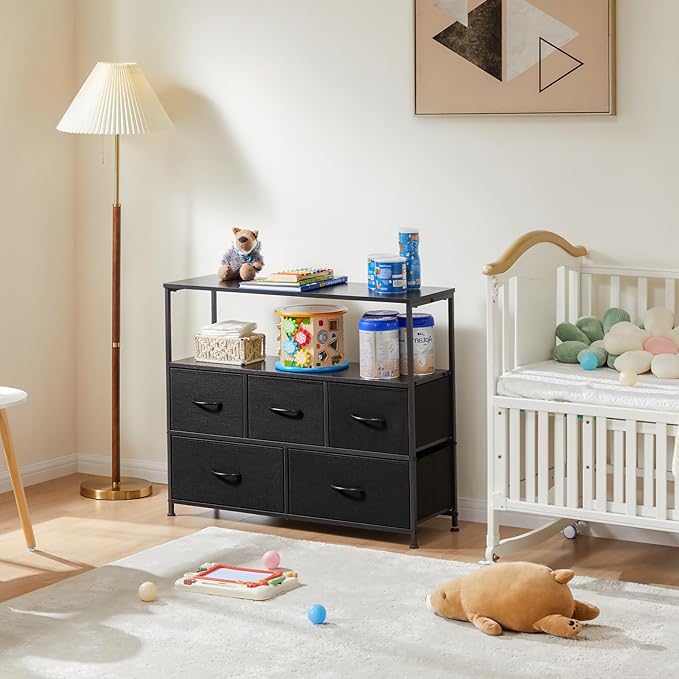 DUMOS TV Stand, Dresser with 5 Fabric Storage Drawers, Media Console Featurin...