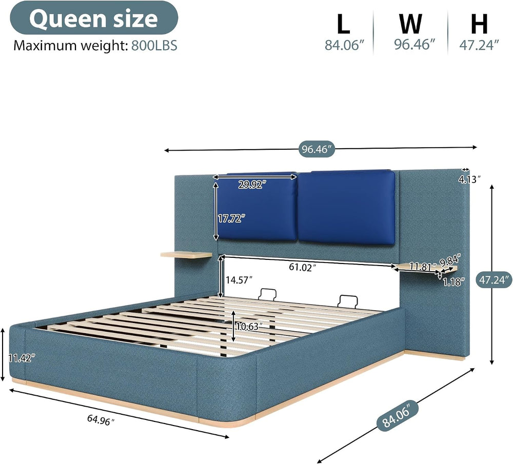Peanu Queen Bed Frame, Upholstered Panel Headboard, Blue Finish