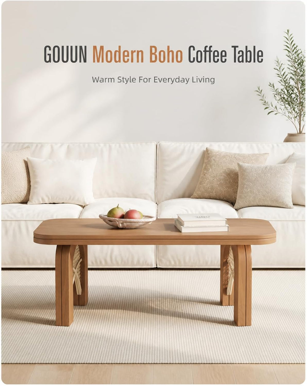 Boho Coffee Table for Living Room, 39 Inch Rattan Woven Cane Coffee Table wit...