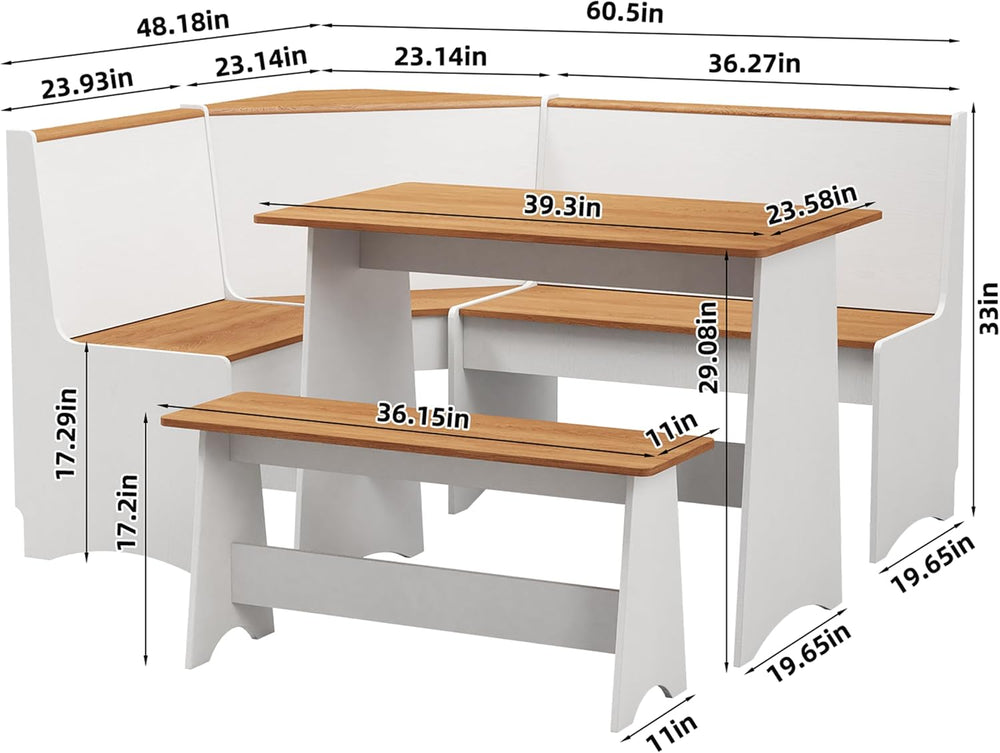 Farmhouse Breakfast Nook Table Set, Dining Nook Set with Corner Bench,with St...