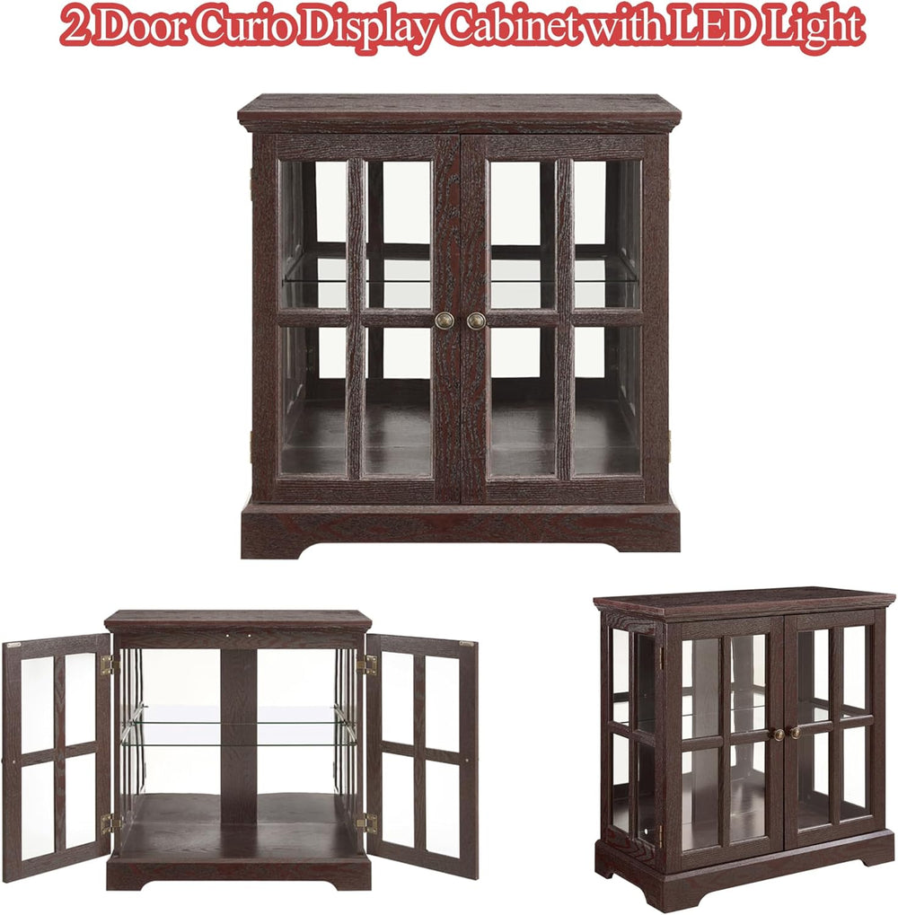 2 Door Curio Display Cabinet with LED Light & Adjustable Shelves, 30"...