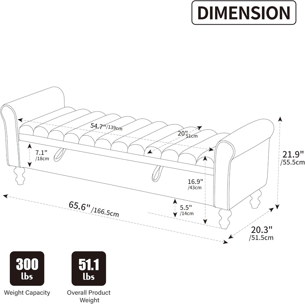 65" Bench with Storage, End of Bed Bench with Rolled Arms, Upholstered B...