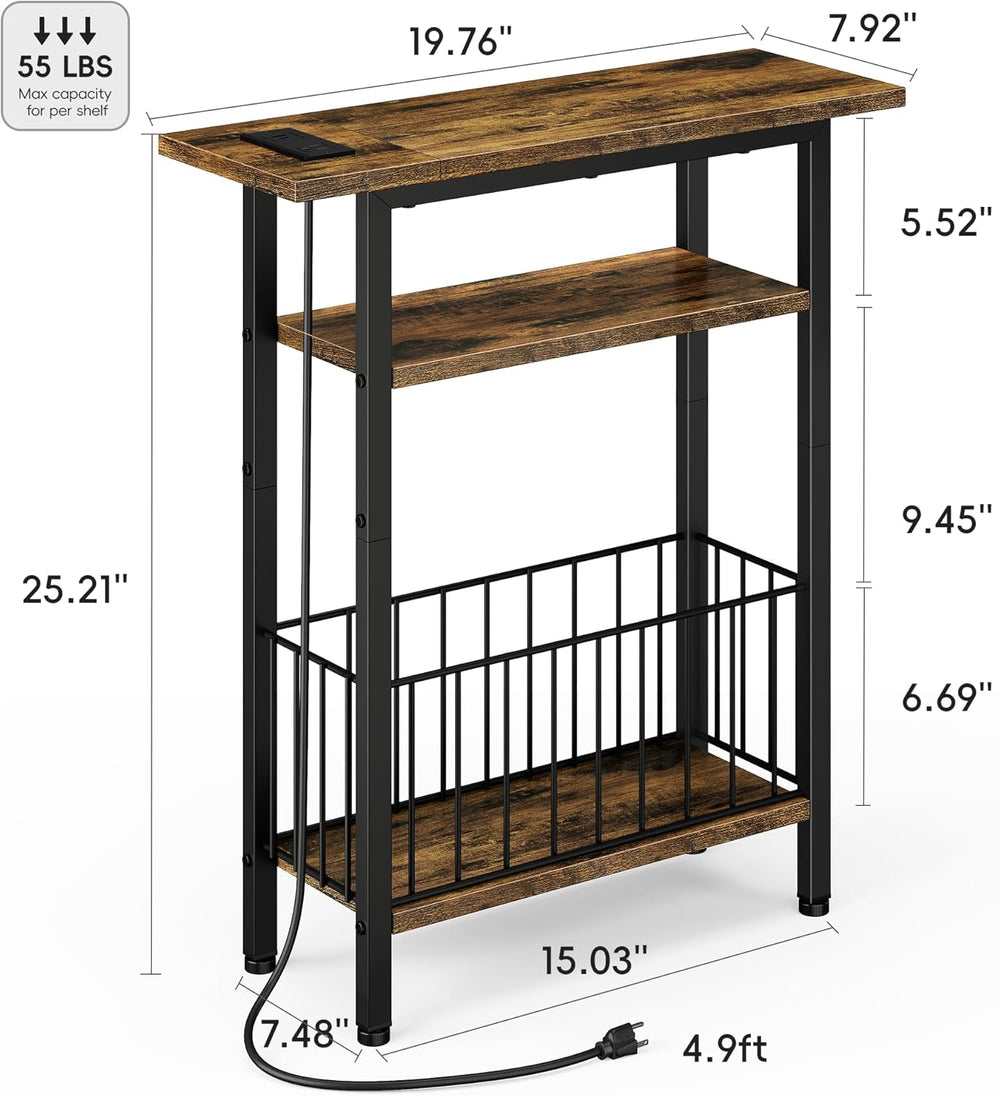 Vagusicc Narrow Side Table with Charging Station, 3-Tier Skinny Side End Tabl...