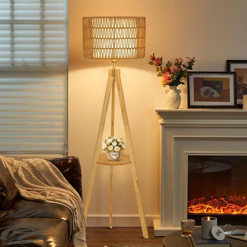 LAMSU Oak Wood Tripod Floor Lamps for Living Room, Boho Floor Lamp with Shelv...