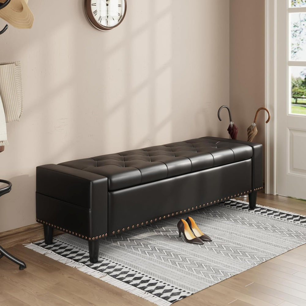 60" Storage Ottoman Bench, Faux Leather Upholstered Bed Bench, Black