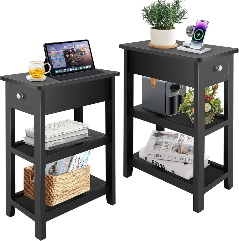 End Tables Living Room Set of 2, 3-Tier Narrow Sofa Side Table with Drawer an...