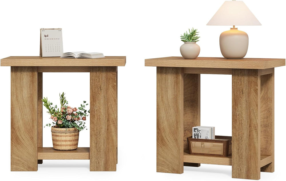 LITTLE TREE 2-Tier Side Table, Farmhouse End Table with Storage Shelves, Smal...