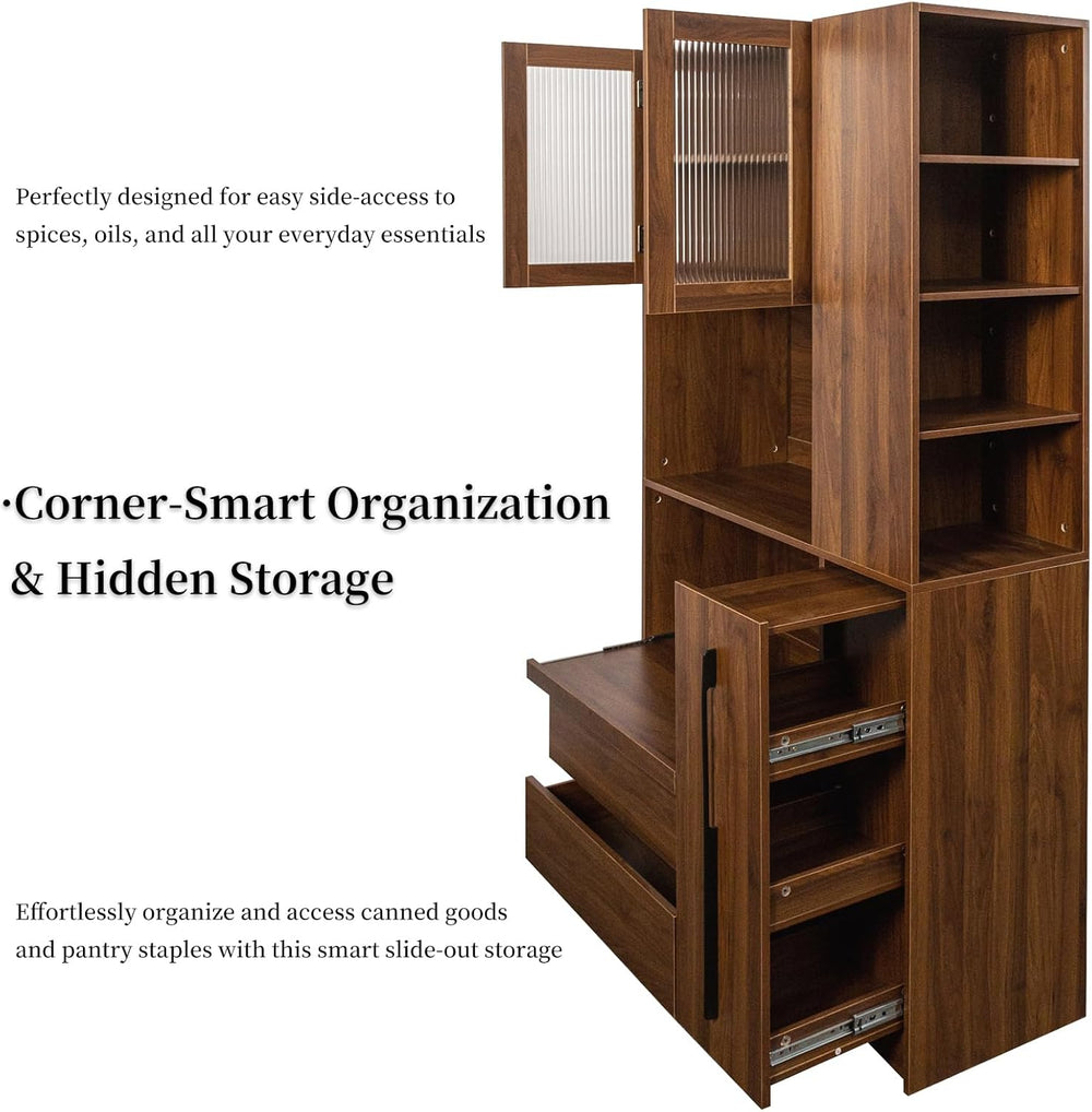 Tall Kitchen Hutch Cabinet with Pull-out Shelves, Storage Drawers, Glass Door...