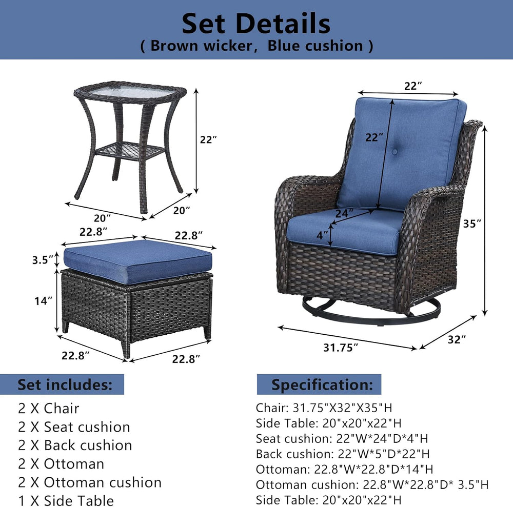 Belord 5 Piece Wicker Patio Furniture Set, Outdoor Swivel Rocker Chairs Set o...