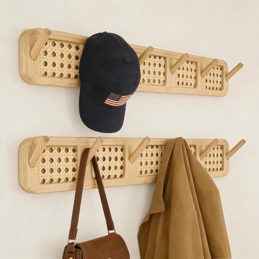 Wall Mount Coat Rack, 17in Sturdy Modern Rattan Hooks Set of 2