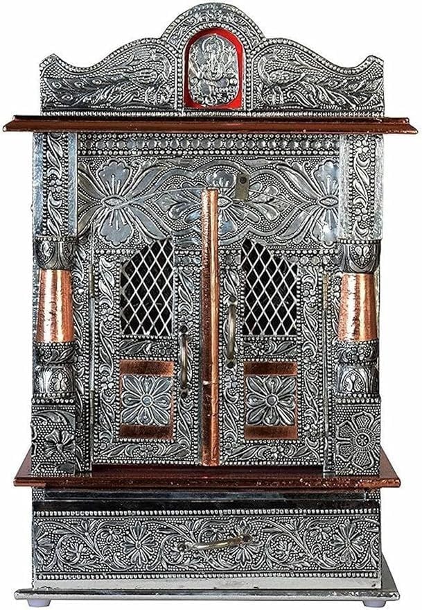 Oxidized Metal Pooja Mandir with Doors and Drawer, Silver, Ganesha Embossed, ...