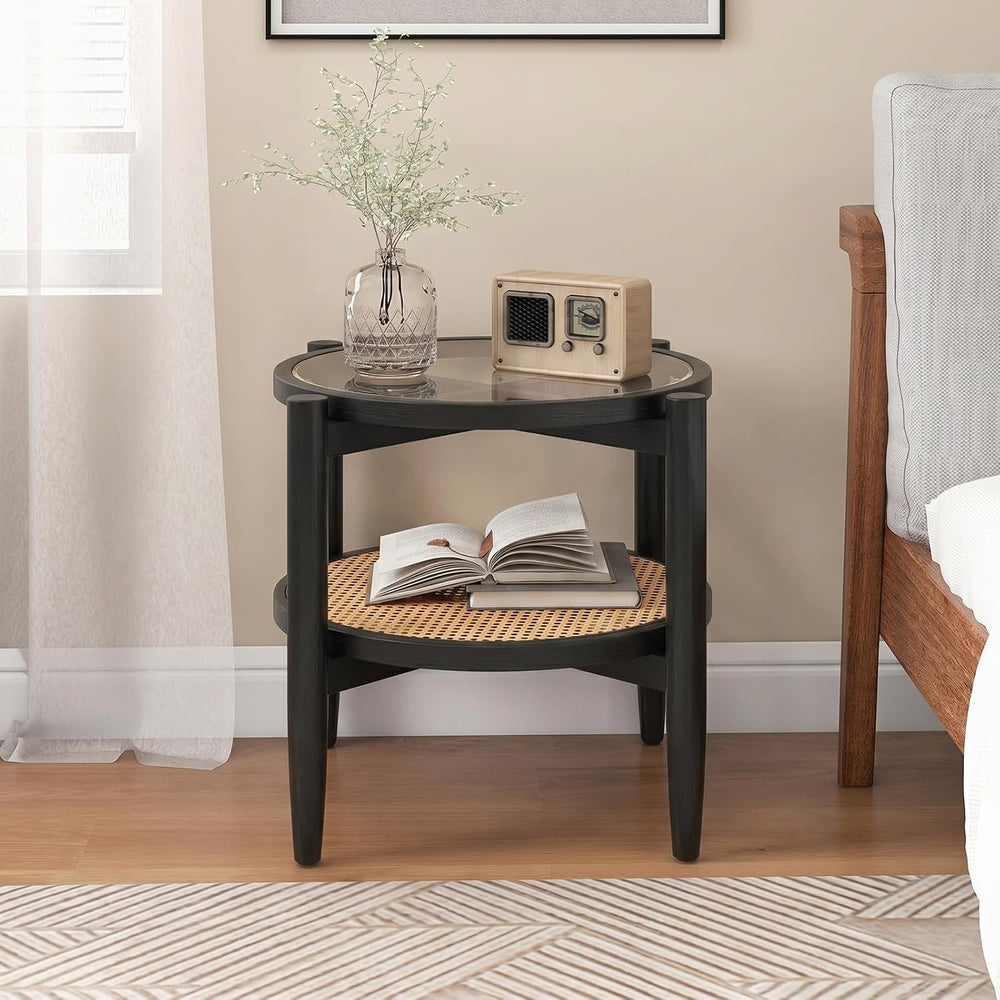 Giantex Rattan Round End Table, Boho Nightstand with Tempered Glass Top &...