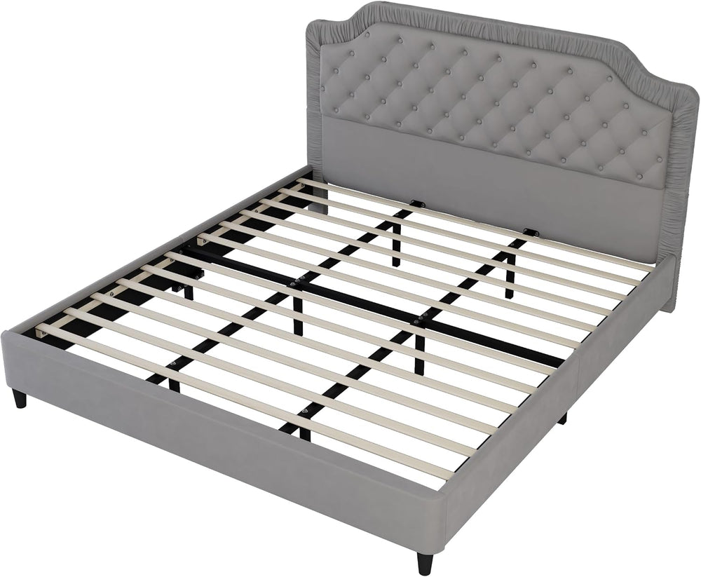 King Size Upholstered Bed with Ruched and Button Tufted Headboard, No Box Spr...