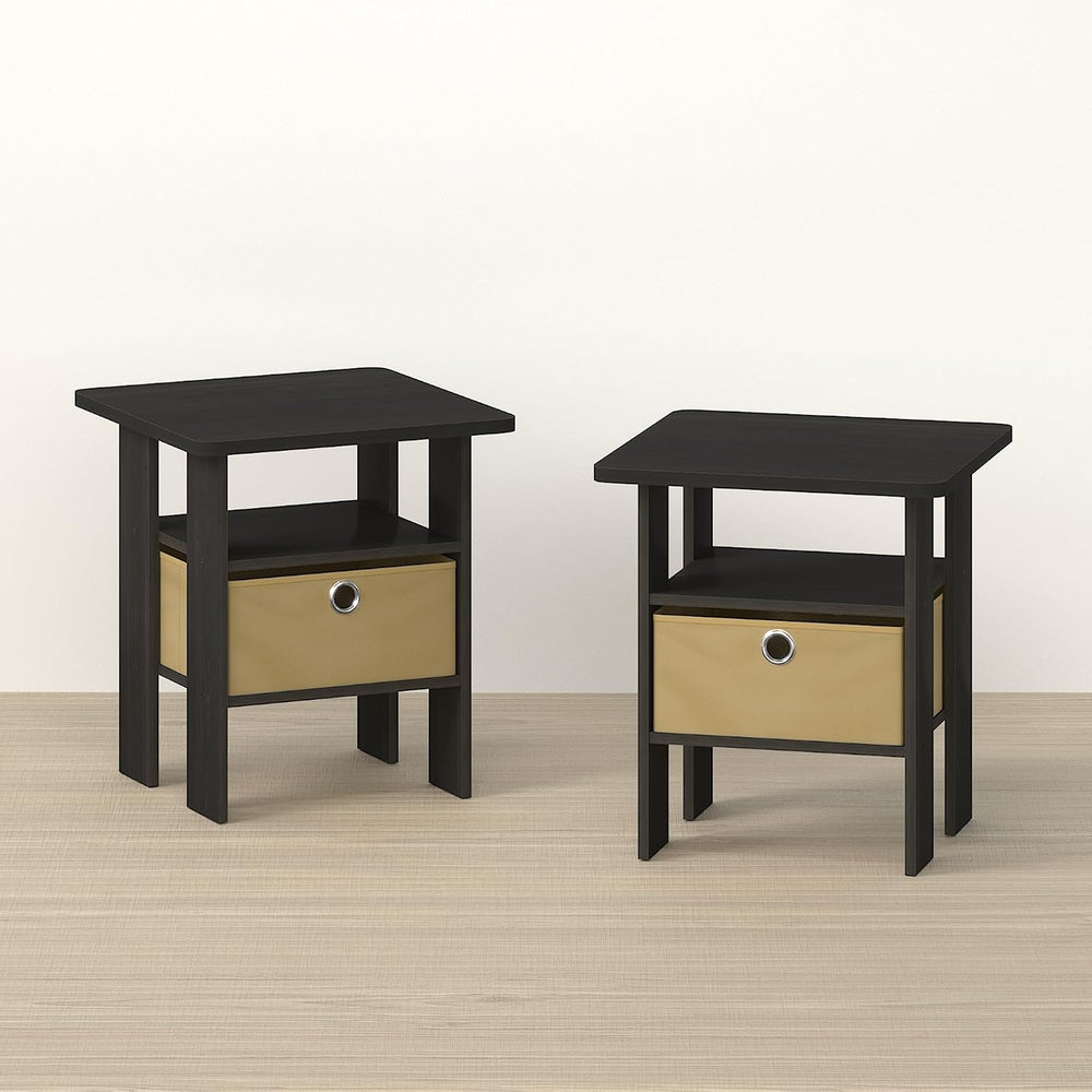 OTA Side Table, End Table, Night Stand with Bin Drawer, Ebony/Brown, Set of 2