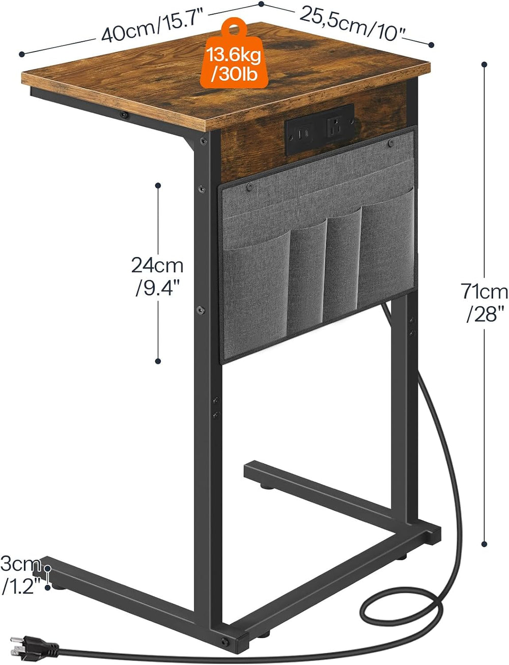 HOOBRO C Shaped End Table with Charging Station, Slide Under Couch Table