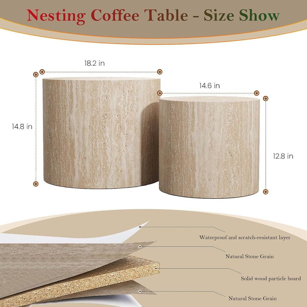 Travertine Nesting Tables - Natural Stone Grain Texture (B 18.1+14.6in) | Cir...
