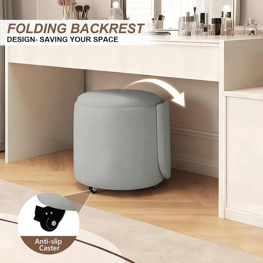 JPBSTO Rolling Round Vanity Chair with Storage, Swivel Makeup Chair with Fold...