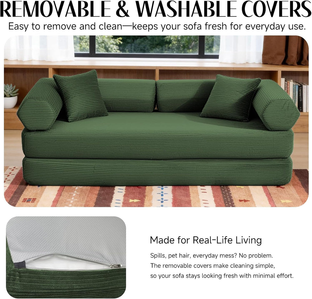 79" Corduroy Sofa Bed, Couch in a Box with 2 Pillows, High-Density Foam ...
