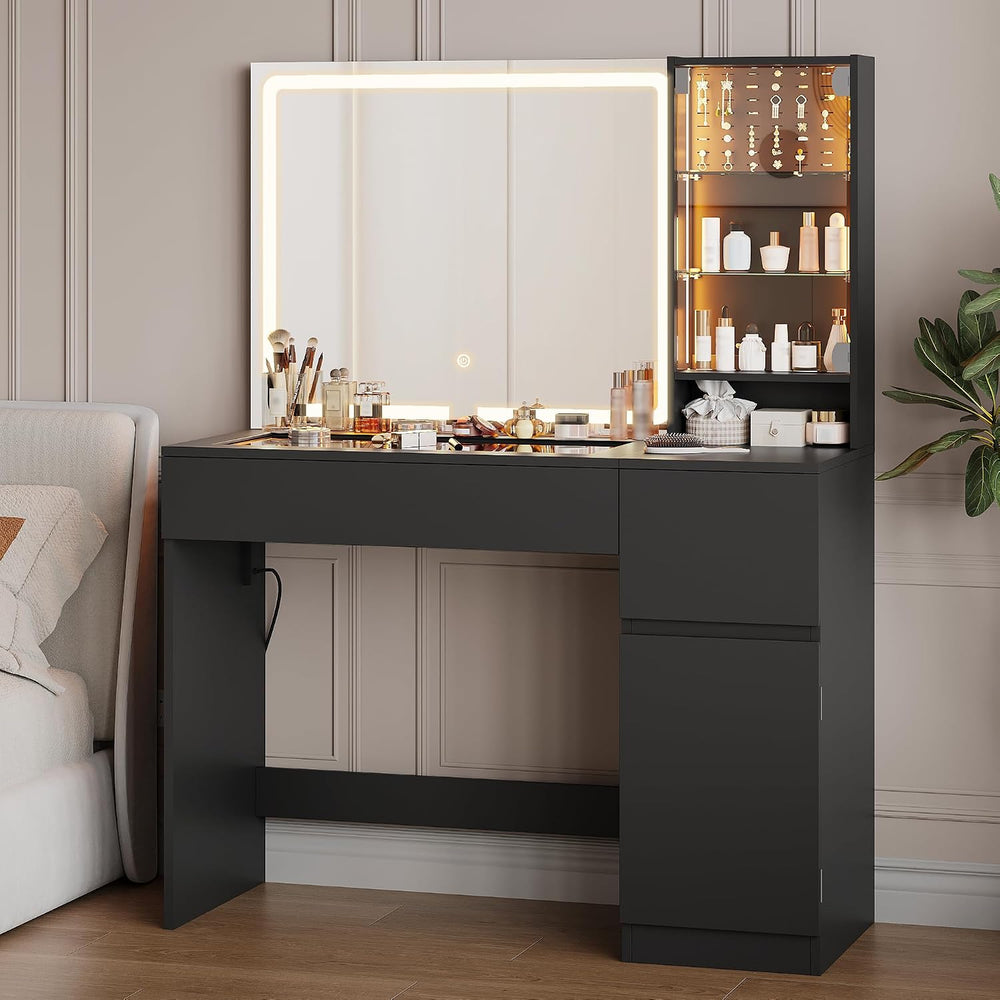 wanan Vanity with Glass Top, Black Vanity Desk with Mirror and Lights, Jewelr...