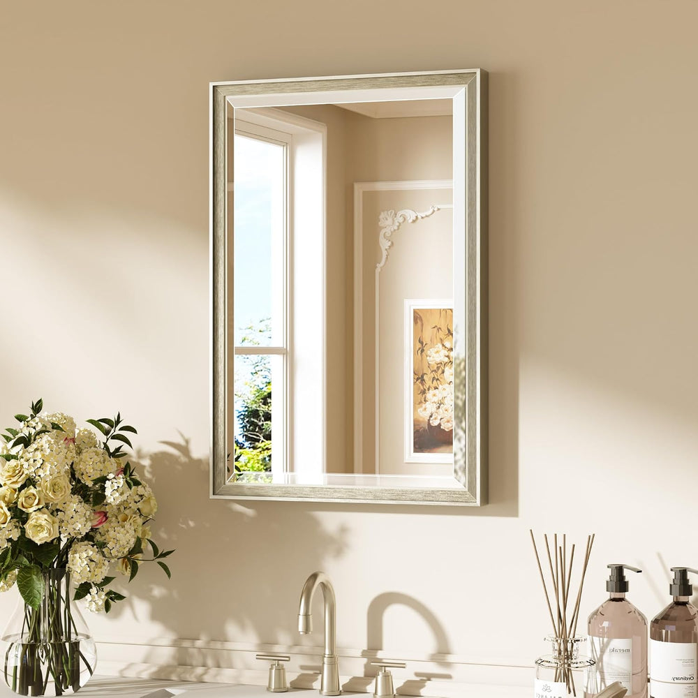 Keonjinn 16" x 24" Brushed Nickel Framed Mirror, Aluminum Alloy, De...