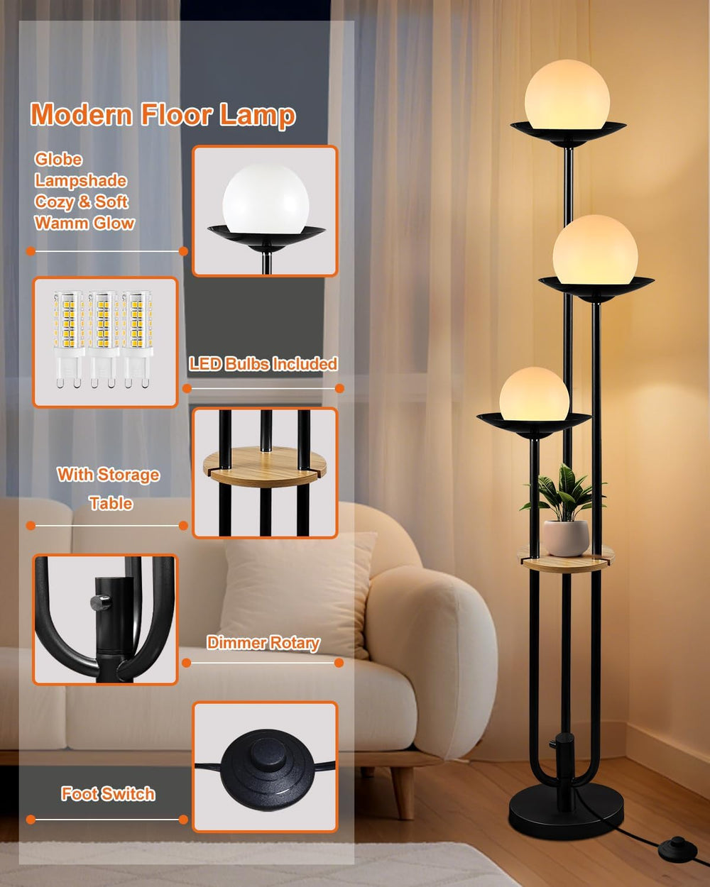 Lightdot Globe Floor Lamp with Shelf 3-Lights Modern Dimmable Floor Lamps 300...