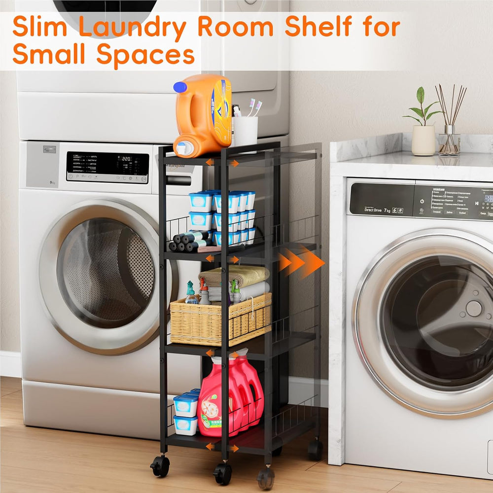 Expandable Slim Storage Cart with Wheels, 4 Tier Narrow Metal Rolling Utility...