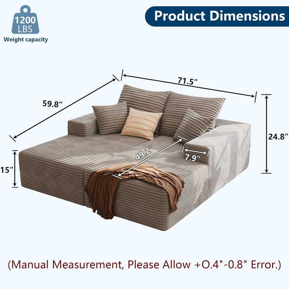 72" Oversized Double Chaise Lounges Indoor, Upholstered Corduroy Oversiz...