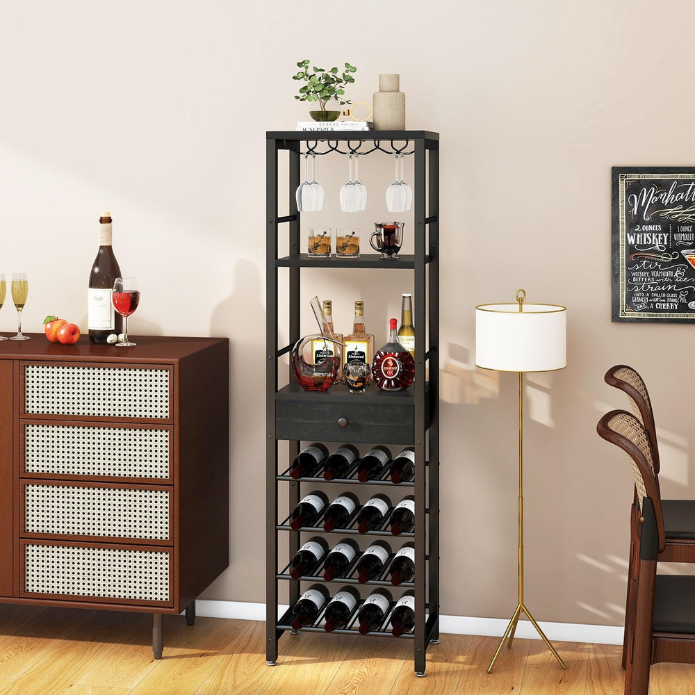 IBUYKE Wine Rack Freestanding Floor with Glass Holder,Black TMJ905B | Bar Cab...